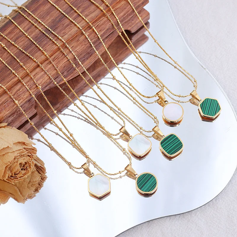 

Stainless Steel Geometrical Natural Shell Coin Pendant Necklaces Dainty Square Charm Chokers Minimalist Collars Necklace