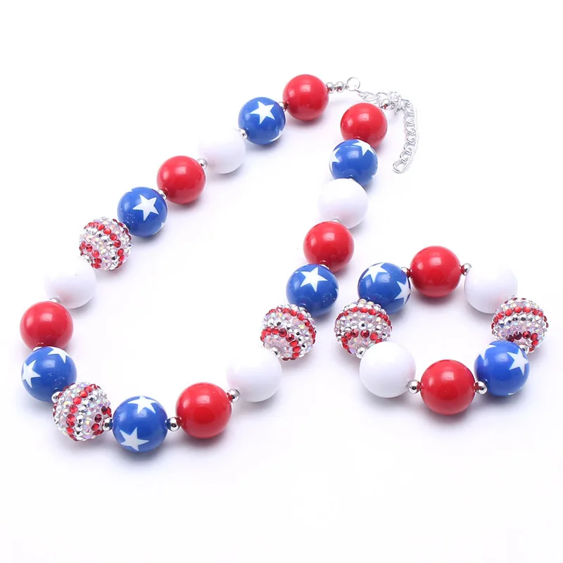 

RTS 4th July Patriotic Girl Chunky Bubble Beads Bracelet Set Children Necklace Gift, As picture show