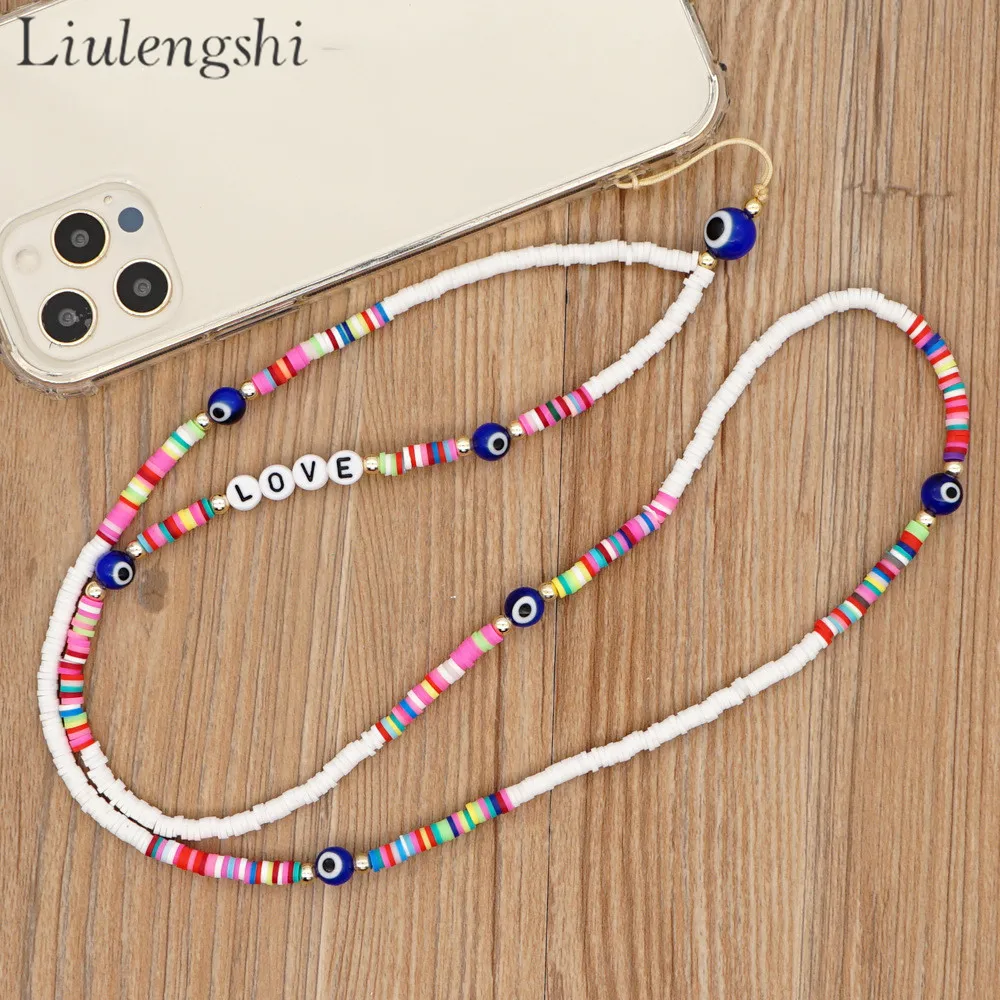

Latest Hot sale Bohemian handmade eyes mobile phone chain holder evil eye clay beads phone chain necklace for women