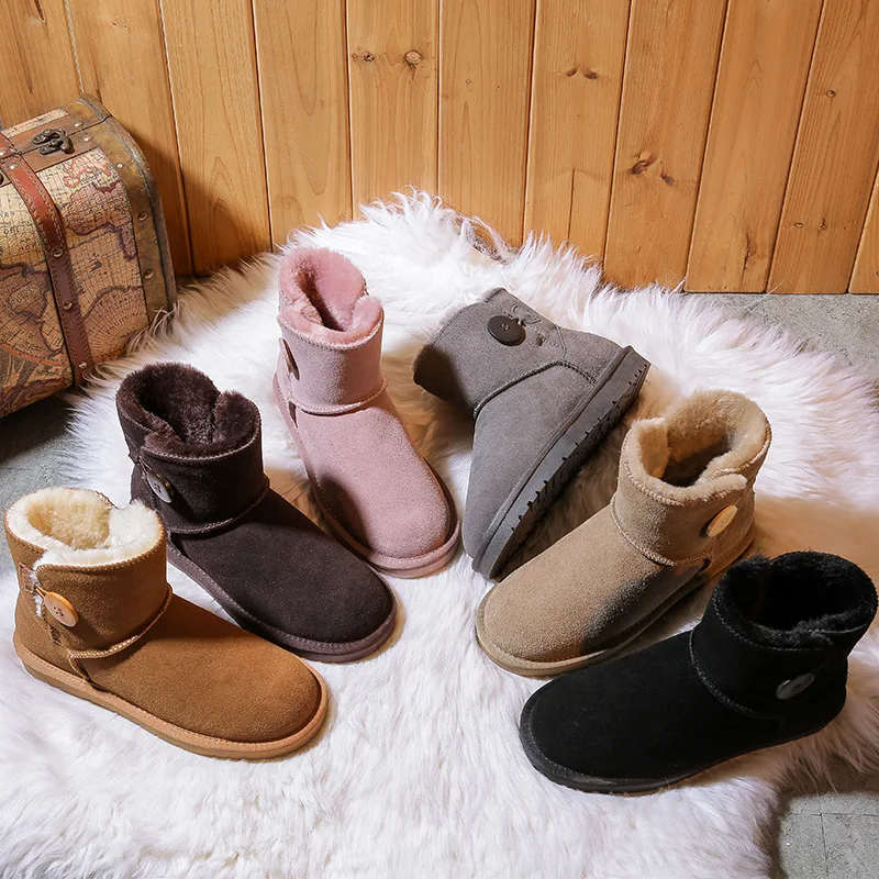 

Winter Plush Keep Warm Flat Short Cotton Boot Thicken Waterproof Non Slip Genuine Leather Sewing Female Snow Boot, Coffee black khaki caramel grey pink