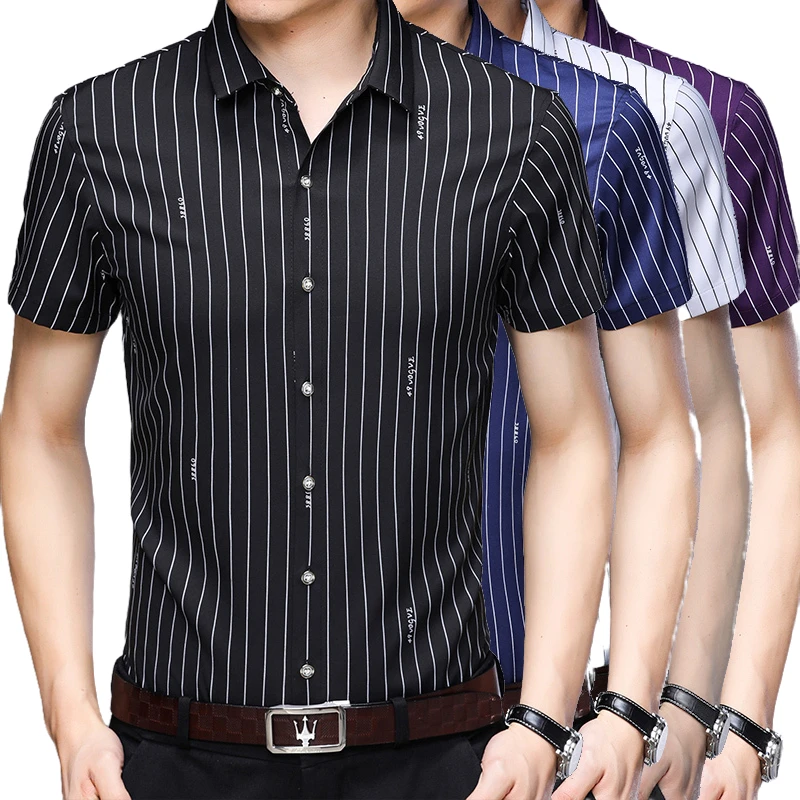 

Best Sales Cheap Casual Formal Slim Fit Men's Fashion Vertical Striped Short Sleeve Shirts