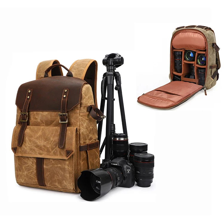 

Outdoor travel leather trim waterproof scratch-proof retro waxed canvas DSLR SLR and laptop bag camera backpack