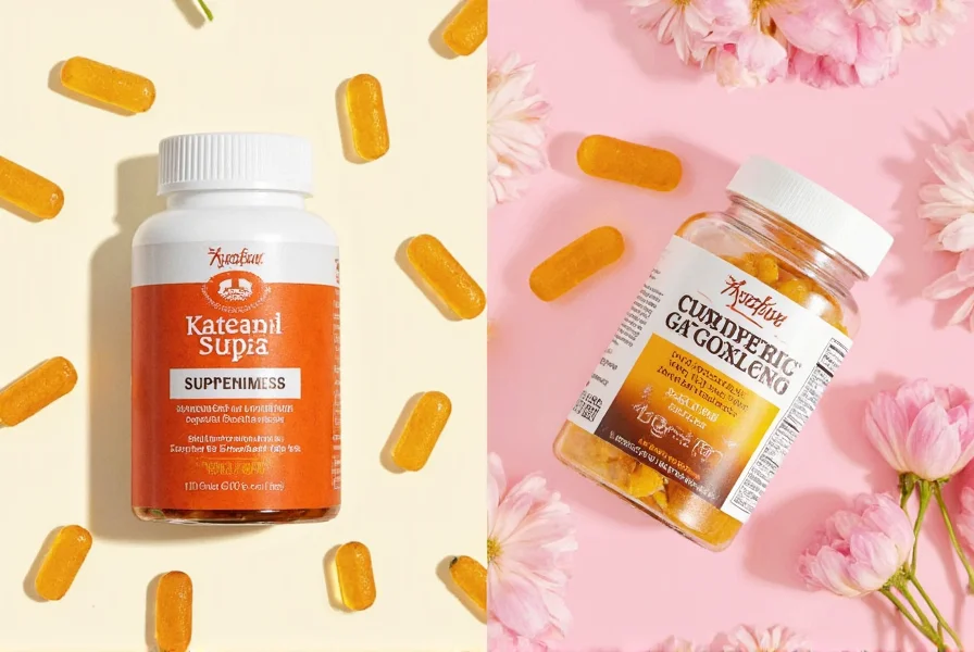 Close-up of turmeric gummy ingredients label showing curcumin content and third-party testing seals