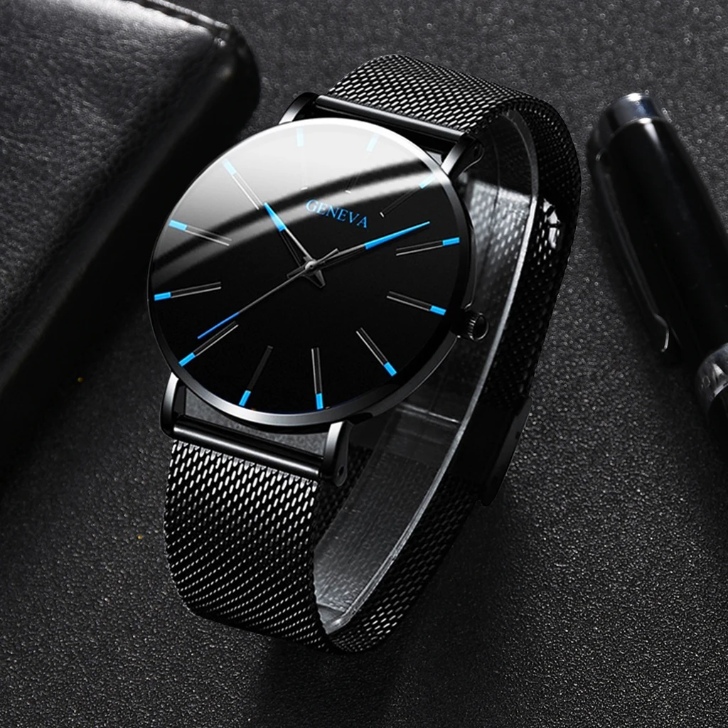 

2020 Minimalist Men's Fashion Ultra Thin Watches Simple Men Business Stainless Steel Mesh Belt Quartz Watch, As show