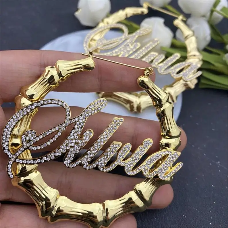 

18K Gold Bling Custom Rhinestone Name Earrings