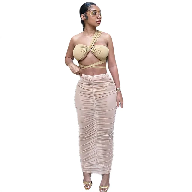 

2021 New Arrival Amazon African Skirts Women Apricot High-Waist Mesh See-Through Long Skirt Folds Long Pencil Skirts For Women