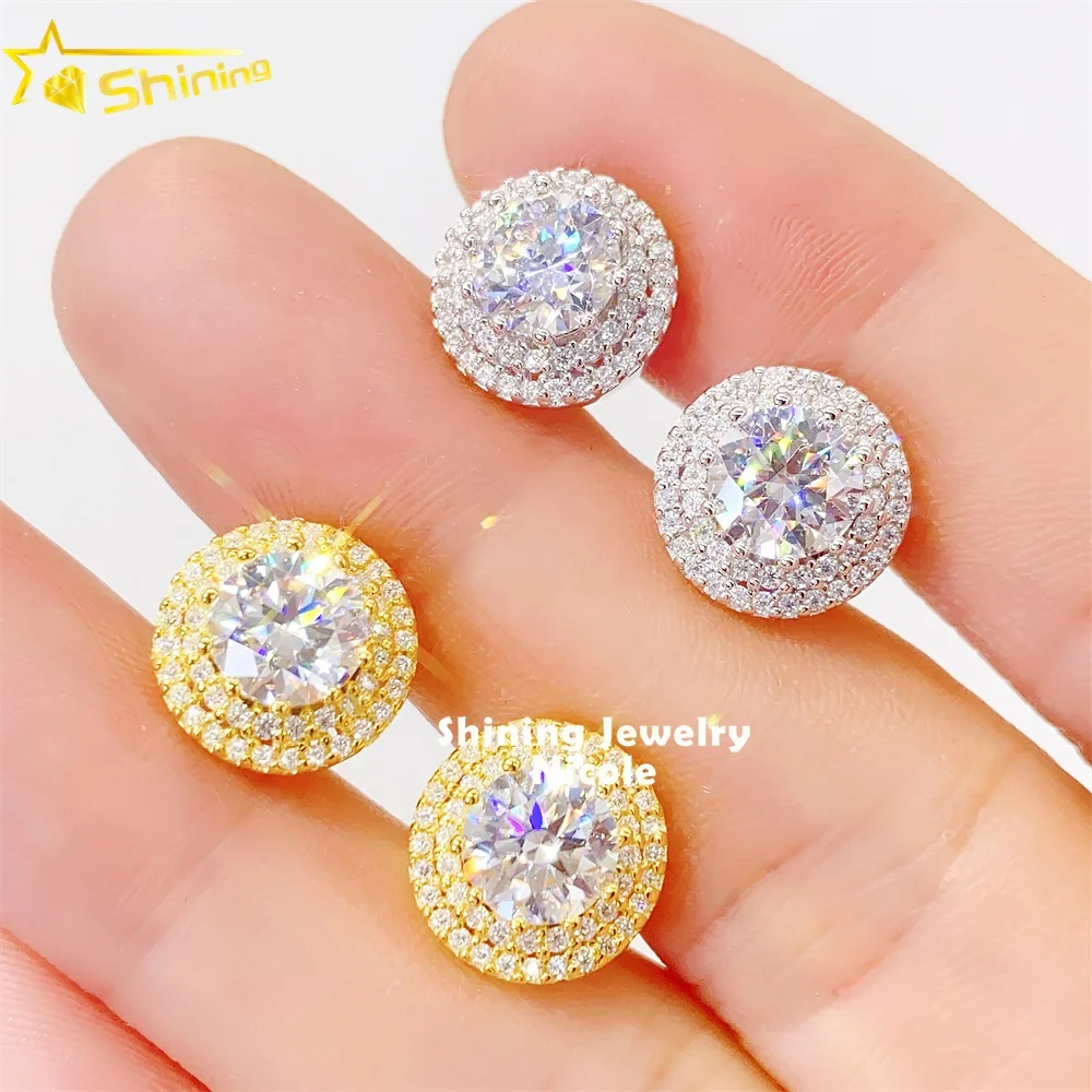 

Hot Selling Halo Design 6.5MM Center Stone Iced Out 925 Sterling Silver Moissanite Stud Hip Hop Earrings