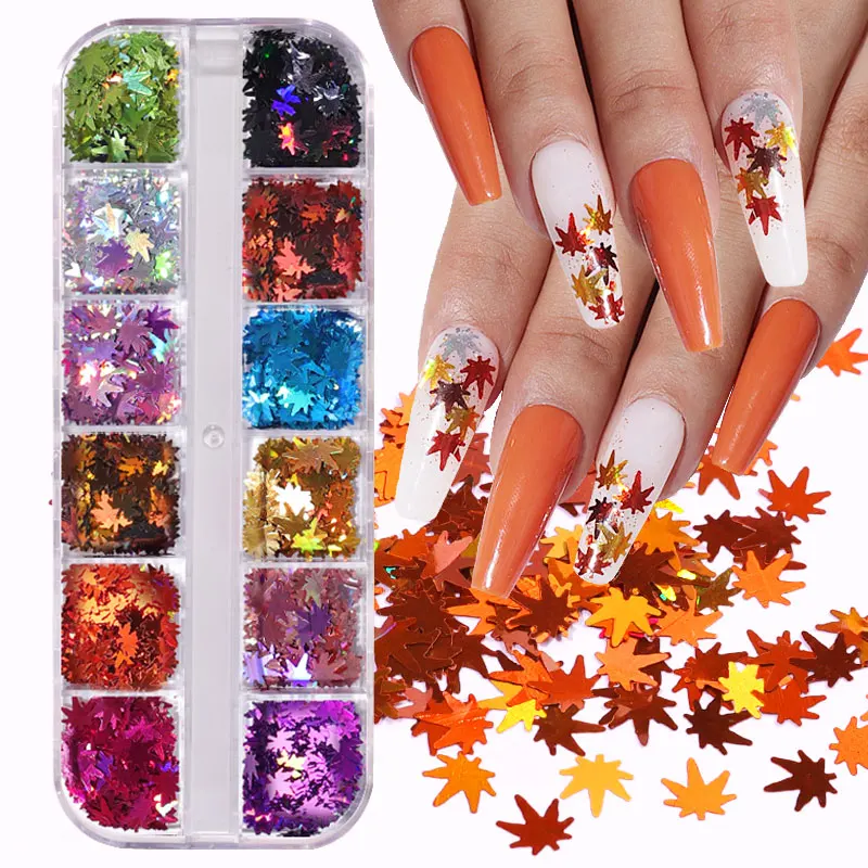 

12 Colors Maple Leaves Nail Art Sequins Holographic Glitter Flakes Paillette Fall Leaf Stickers For DIY Nails Autumn Decorations