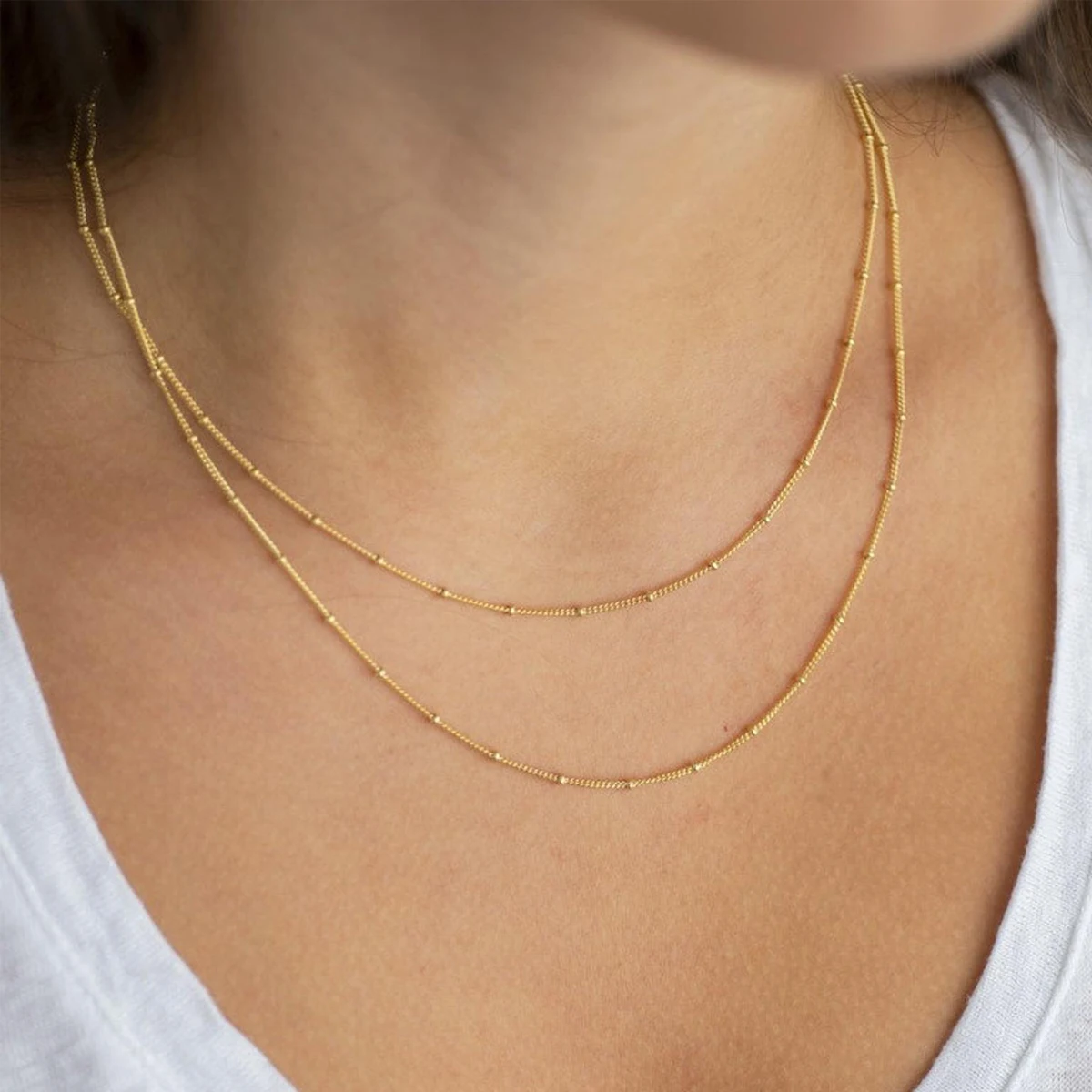 

Dainty Thin Double Layering Satellite Chain Choker Necklace Gold Beads Necklaces For Women
