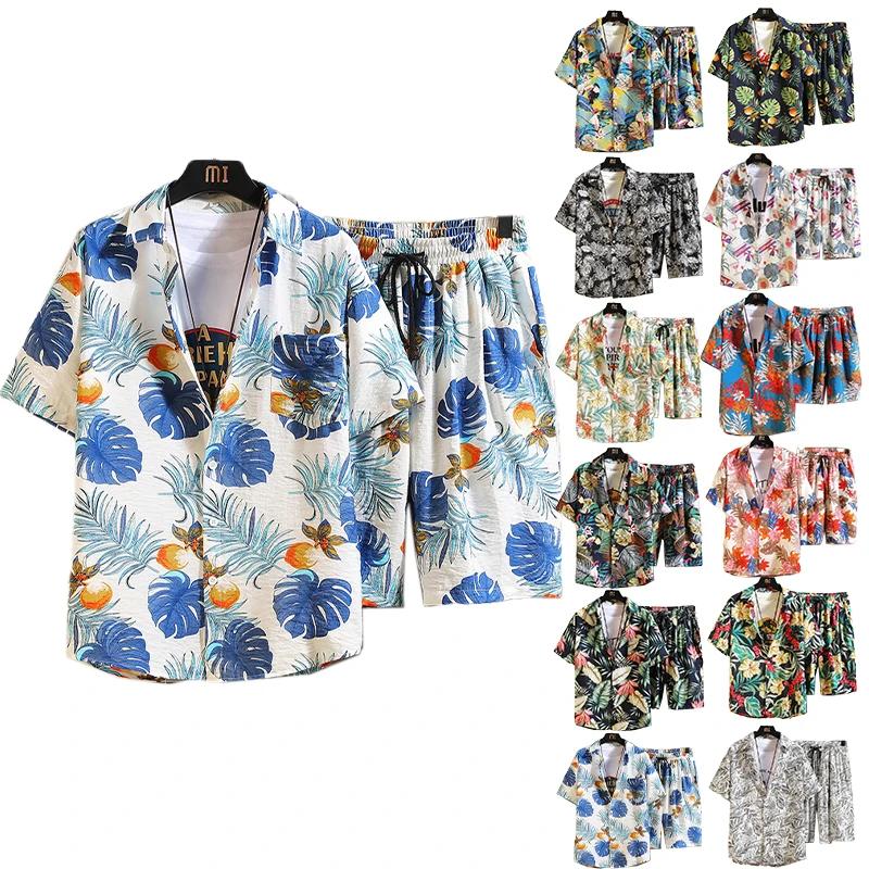 

Oem Private Label Men 2 Piece Short Set Summer Short Set Button Up Hawaiian Shirts Shorts And Shirt Set For Men, Picture shows