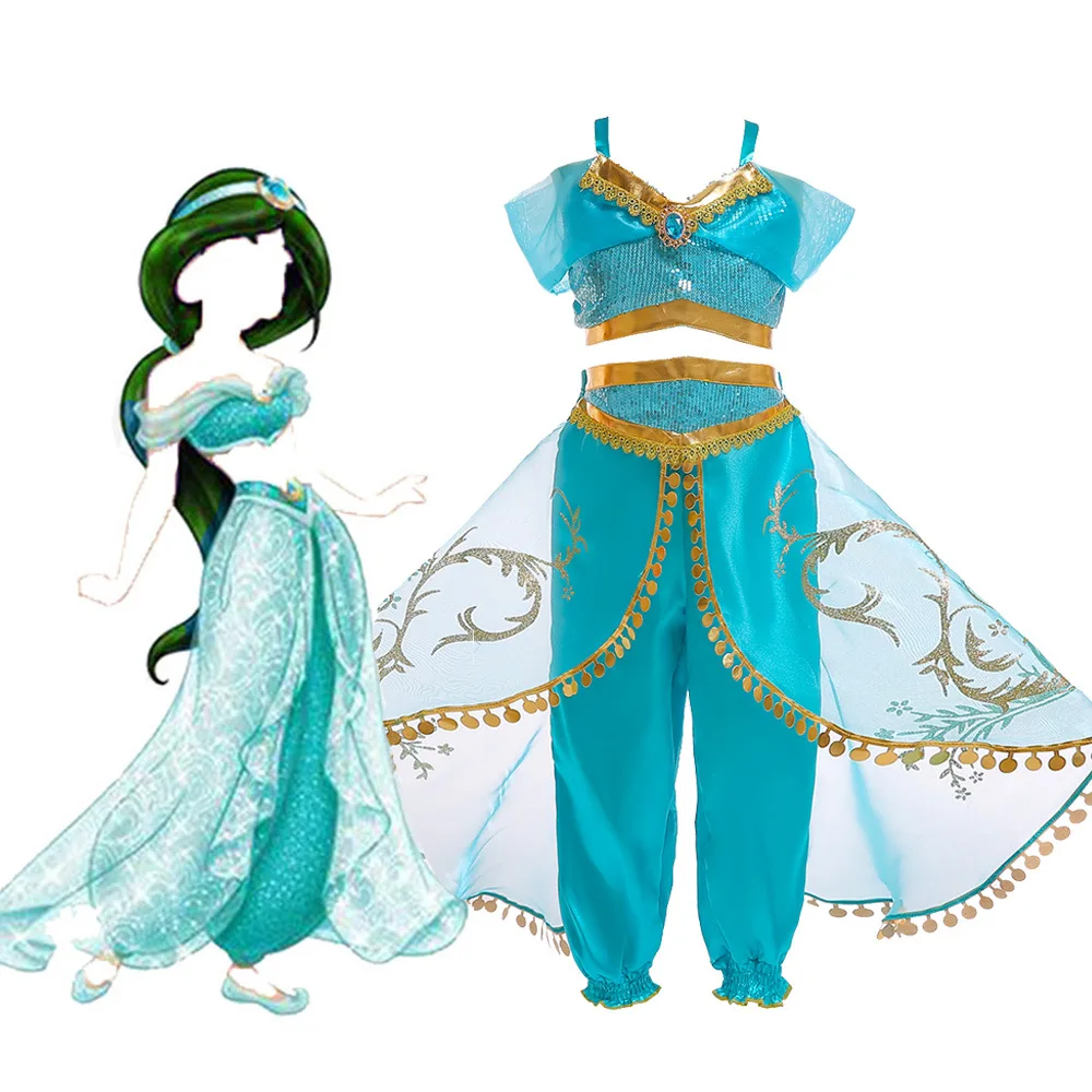 

MQATZ Aladdin Cosplay Princess Jasmine Costume Girls Tops and Pants Clothing Set With Wigs BX1625, Green