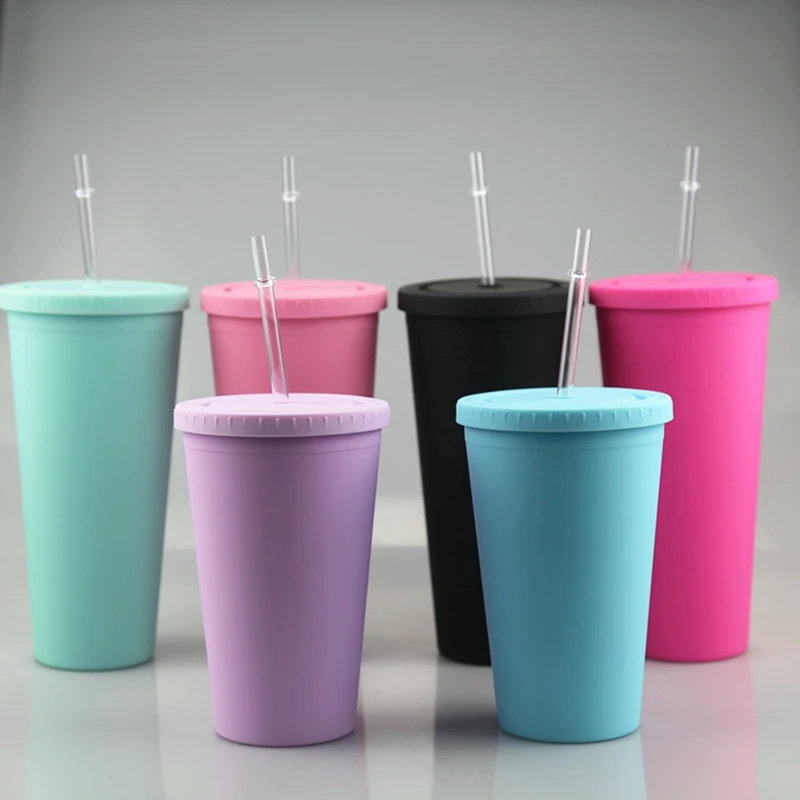

Wholesale 16oz 24oz Flat Lid Tumbler Colored Double Walled Acrylic Rubber Coating Plastic Matte Skinny Tumbler with Straw