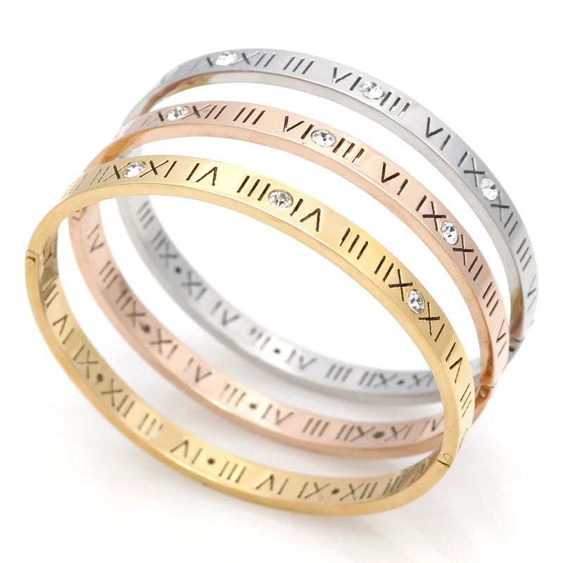 

Hot Sale Fashion Opening Stainless Steel Bangles Crystal Gold Personalized Roman Numerals Diamond Women's Bracelet