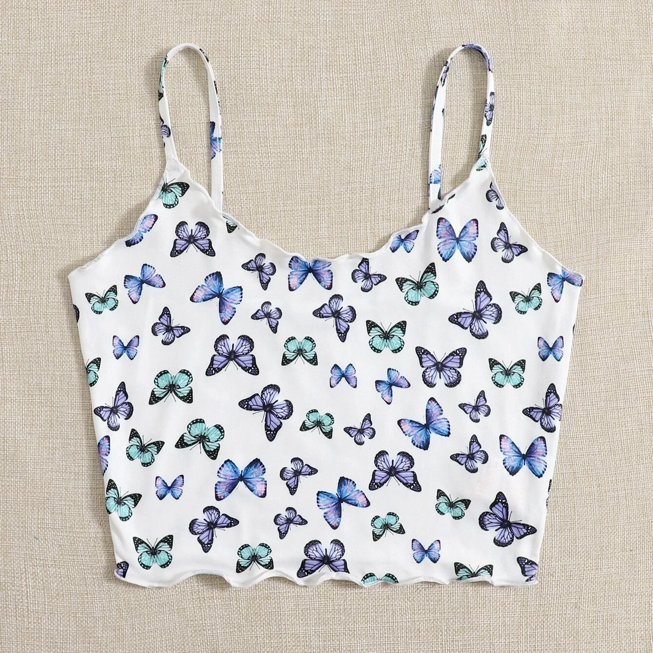 

New Arrivals Women's Casual Summer Vest Butterfly Print Spaghetti Strap Crop Top Cami, White