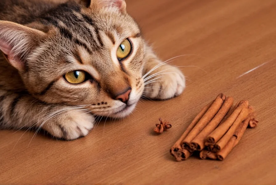 Close-up of a cat sniffing cinnamon powder on kitchen counter showing potential exposure scenario