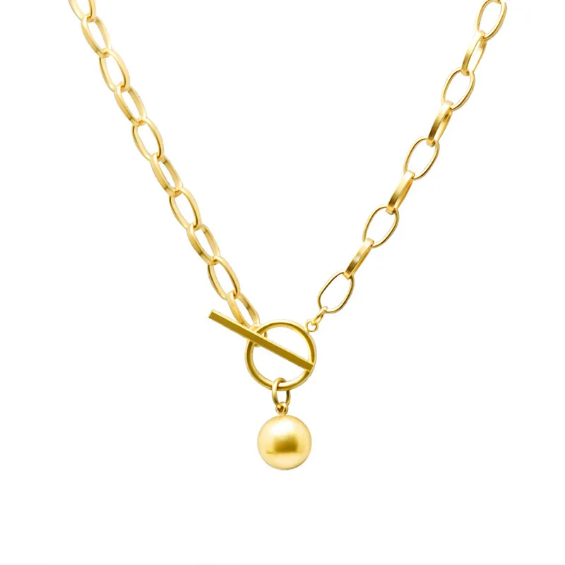 

Hot Sale New Otbutton Round Bead Pendant Sweater Chain Stainless Steel Hip Hop Trend Necklace Lv Necklace for women, 2 colors