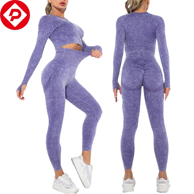 

New Design Women 2 Piece Active Wear Set Gym Fitness Washed Color Long Sleeve High Waist Leggings Seamless Yoga Set