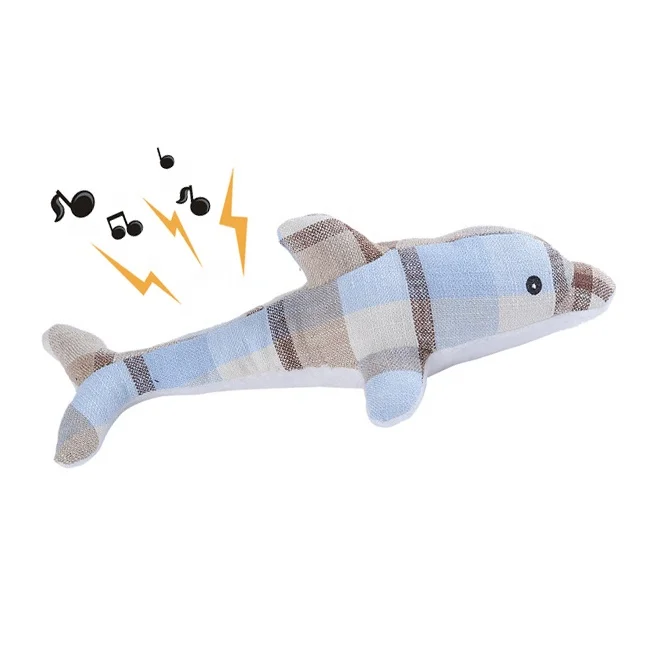 

luxury plaid fabric soft stuffed cotton durable cleaning teeth interactive sounding fish squeaky plush dog toy