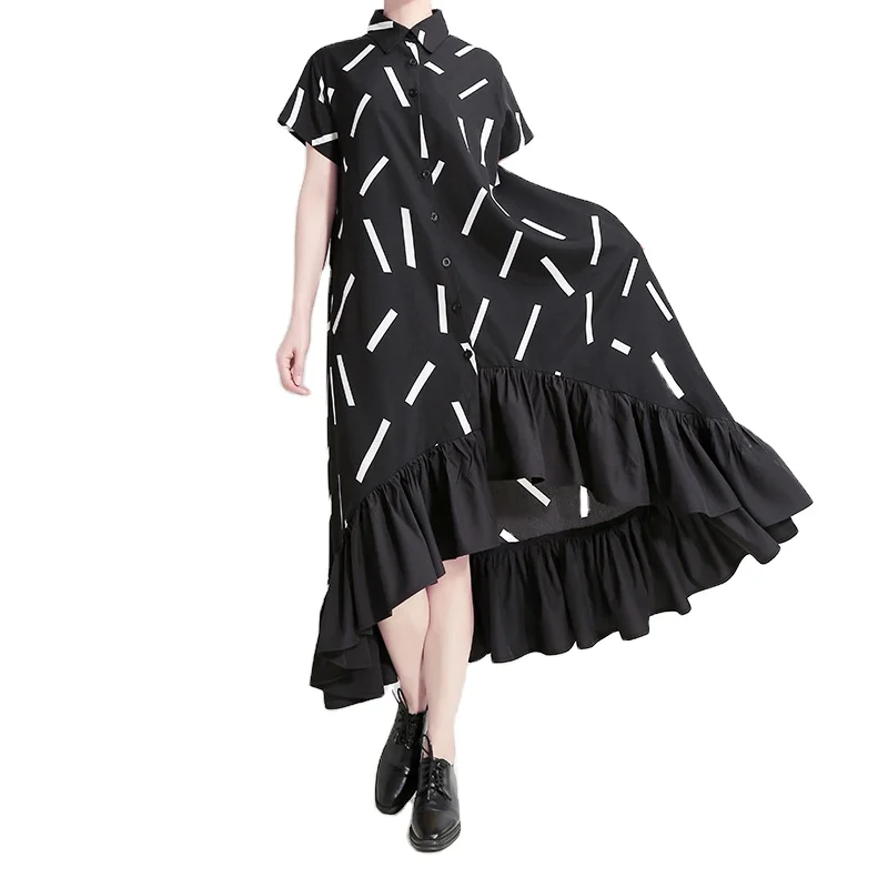 

Woman Summer Casual Long Black Striped Shirt Dress Plus Size Ruffled Hem Ladies Runway Party Club Dresses Robe