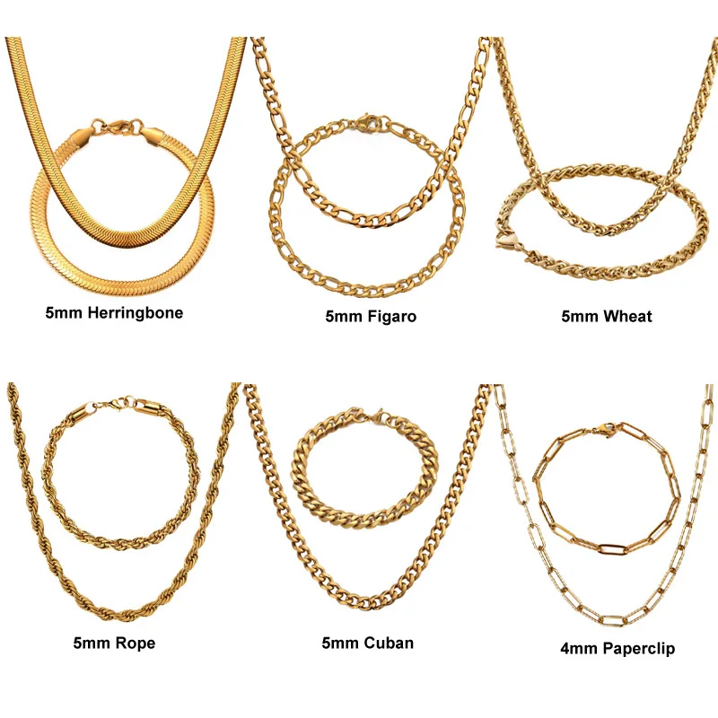 

Men Miami Cuban Link Bracelet Wheat Wheat Figaro Chain Jewelry Set Stainless Steel 18k Gold Plated Oval Paperclip Chain Necklace