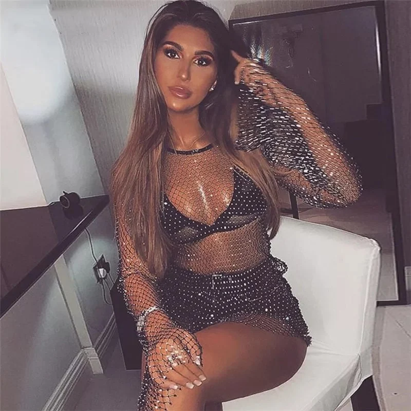 

Sexy Rhinestones Plaid Hollow Out Fishnet Mesh Dress Women Club Party Mini Dress Cover Up See Through Summer Beach Wear