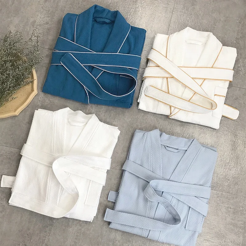 

2021 customize luxury Star hotel summer thin white cotton Waffle bathrobe soft water-absorbent and breathable, White,blue etc
