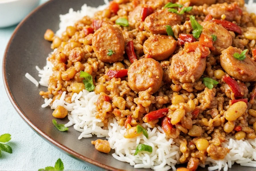 Sausage chicken jambalaya in a cast iron pan