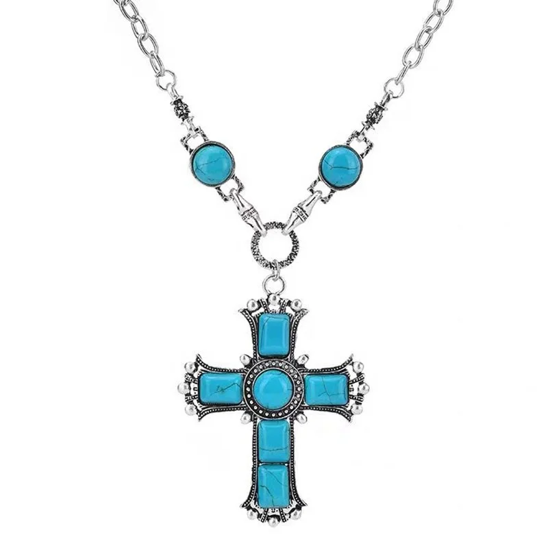 

Wholesale womens Bohemia cross pendant turquoise pine stone free style cross necklace pendant, Picture shows