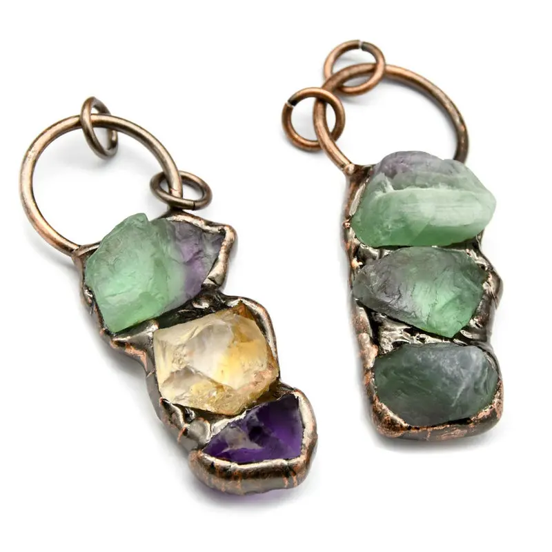 

New Arrival Natural Green Fluorite Purple Amethyst Rough Stone Solder Bronze Plating Pendants For Fashion jewelry Making