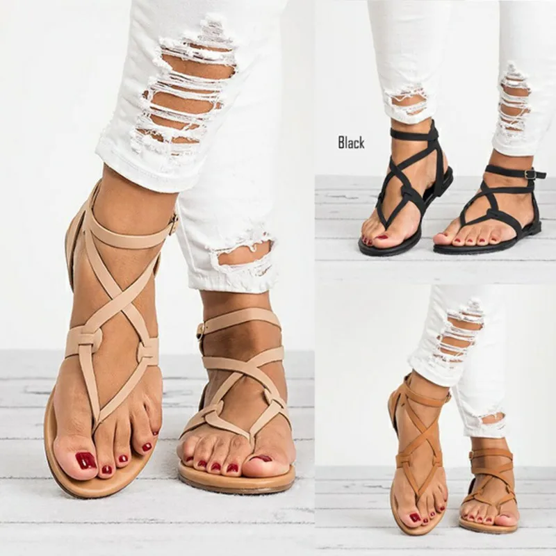 

New Hot Women Sandals Gladiator Summer Shoe Female Casual Flat Heel Ankle Strap For Women Rome Style Beach Shoes Plus Size 42 43, As shown