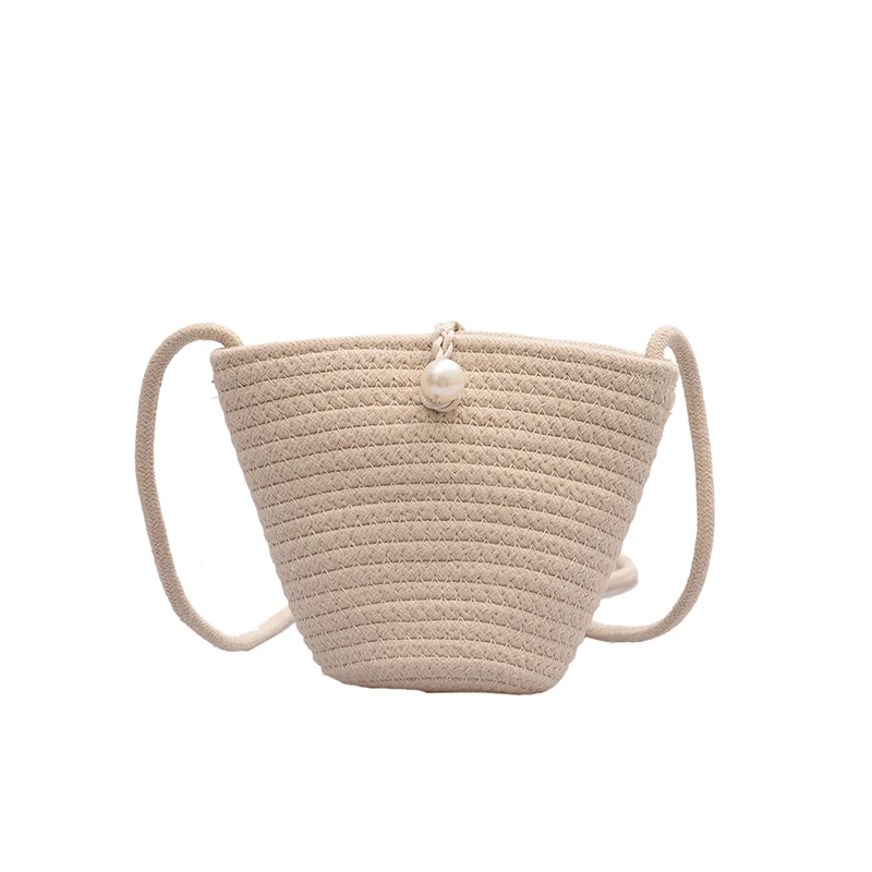 

2020 New style cotton rope coin purse fashion straw handbag mini beach bag for girls, Khaki,white