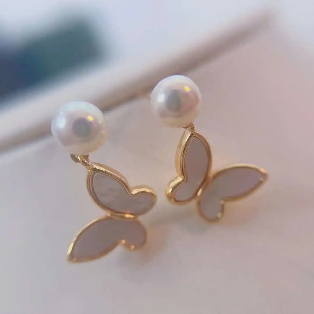 Natural Shell Exquisite Butterfly Pendant Earrings Gold Plated 5-6MM Natural Freshwater Pearl Cute Anti Allergy