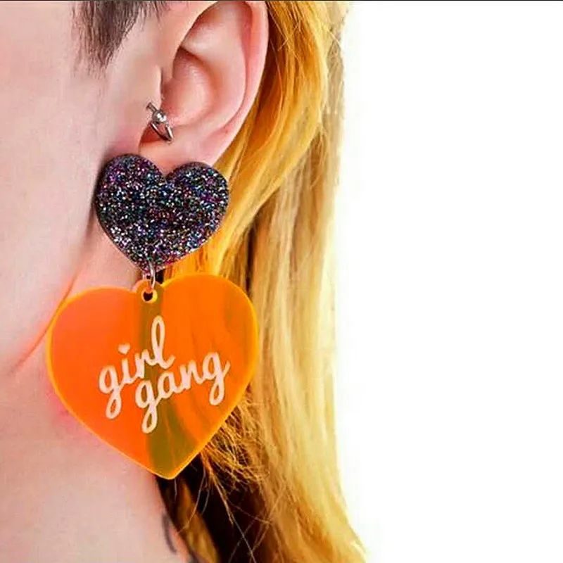 Occident popular double love fluorescent orange bright pink personality girl pendant earrings