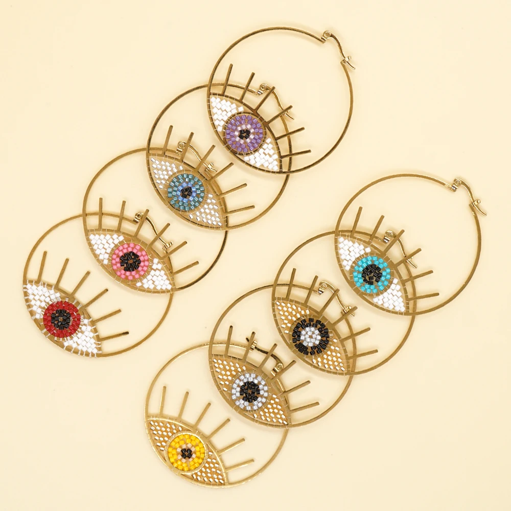 

Go2BoHo The Eye of Evil Stainless Steel Hoop Drop Earrings Miyuki Beads Woven Fashion Jewelry Dangle Earing for Women