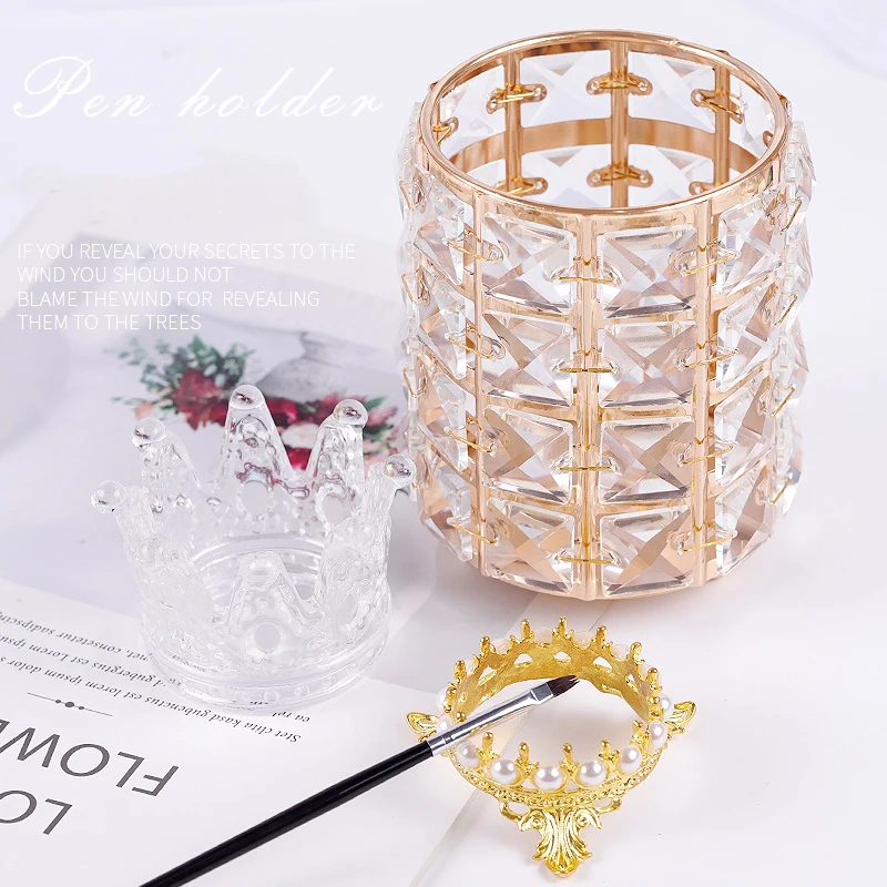 

Crystal Crown Designs Nail Art Brush Holder Gold Silver Pen Display Stand Glass Brush Pen Pot Nail Tool, Clear/gold/silver