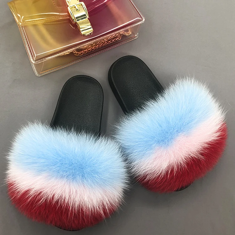 

Custom multi color big fluffy real fox fur slippers slides fur slides handbag sets purse for woman, Customized color