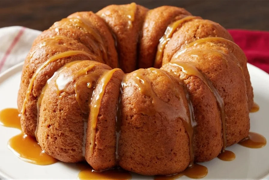 Golden brown Rhodes cinnamon roll monkey bread in bundt pan with caramel drizzle