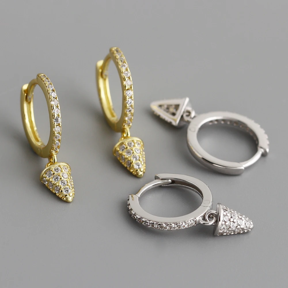 Fine Jewelry S925 Sterling Silver Punk Earrings Triangle Spike With Small Diamond Charms Hoop Earrings for Women