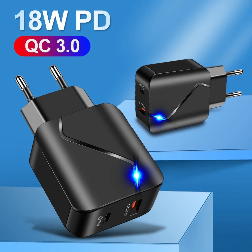 

Free Shipping 1 Sample OK QC3.0 3A Luminous USB Mobile Phone Charger 18W PD Charger Fast Dual USB C EU US Travel Wall Charger