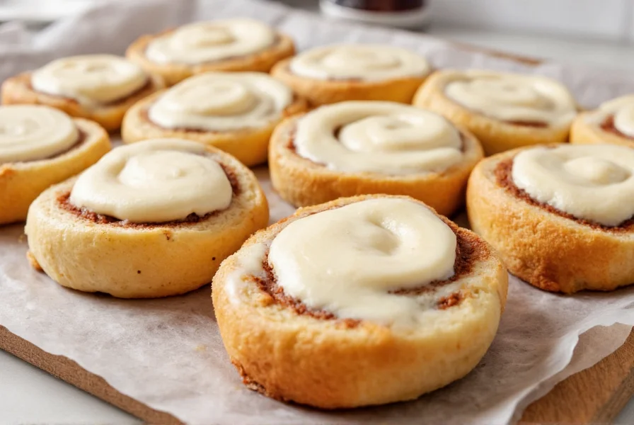 Frisch gebackene Zimtschnecken mit charakteristischem Spiral-Muster und reichlich Frischkäse-Glasur