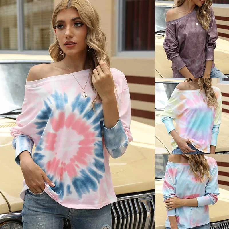

New Women's Tie-dye Gradient Off-shoulder T-shirt Loose Top Women