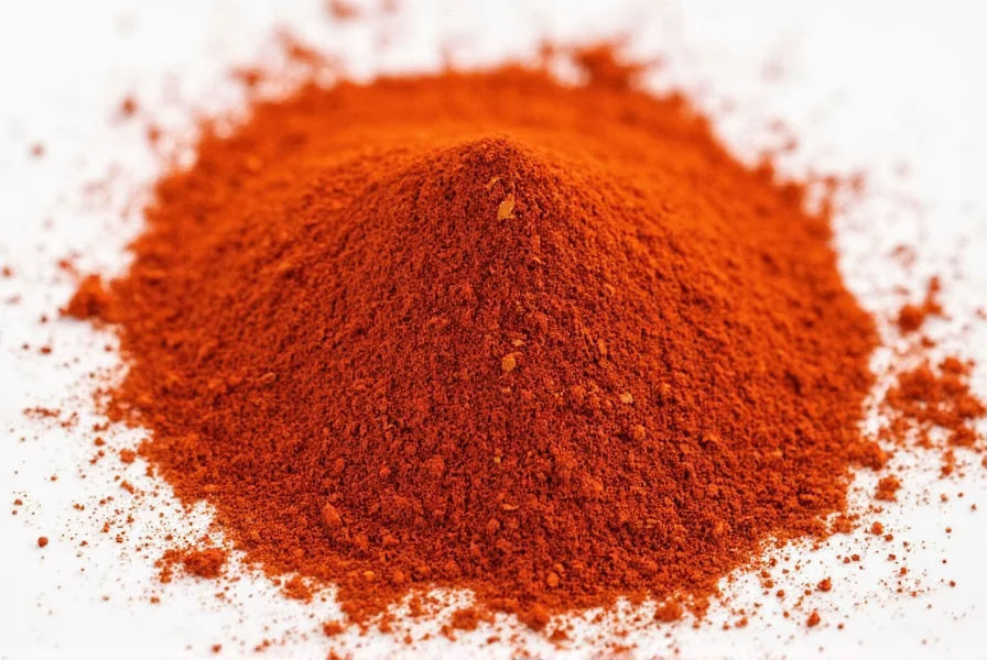 Ground paprika sprinkled on a wooden spoon