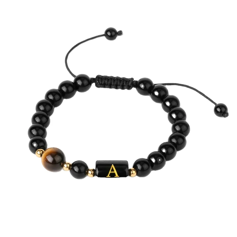 

CSJA A-Z initial letter bracelet natural black onyx healing stones beaded braided rope bracelets for men women G853