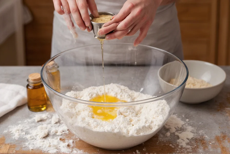 Baker measuring anise oil drops into mixing bowl with flour and other baking ingredients