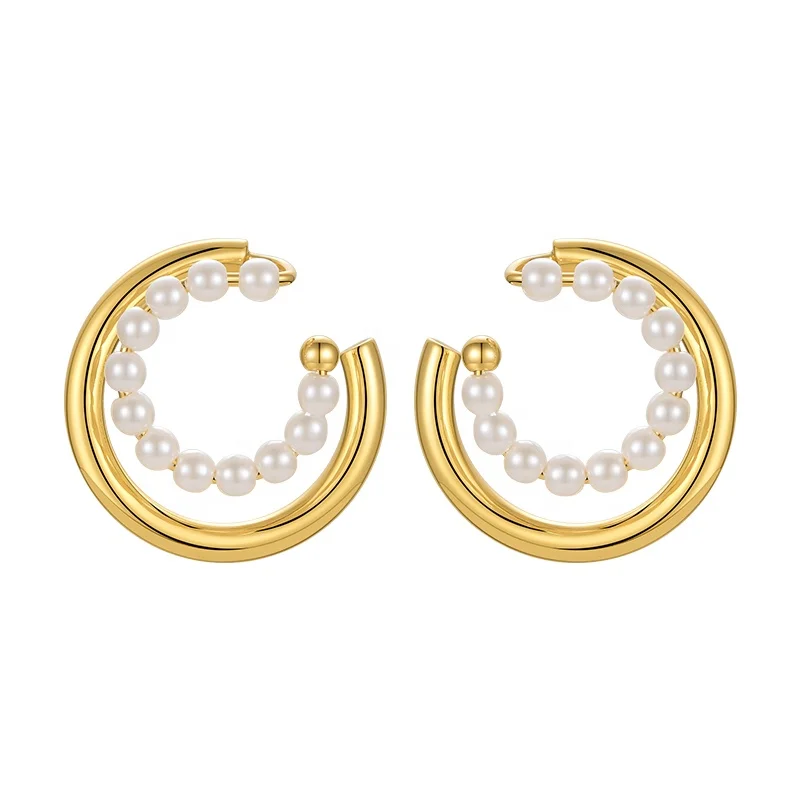 High Quality 18K Gold Plated Brass Jewelry Pearl Circle No Piercing Ear Clip Earrings E211276