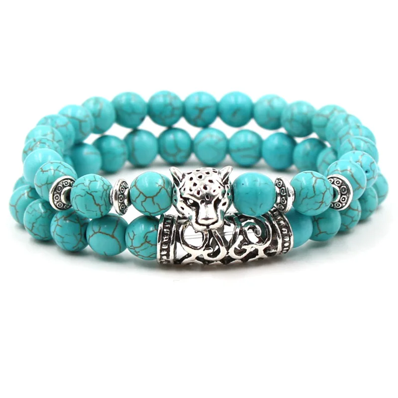 

bohemian 8mm chain and bead bracelet set for men Natural turquoise Stone Silver Lion owl Buddha Head bracelet jewelry sets
