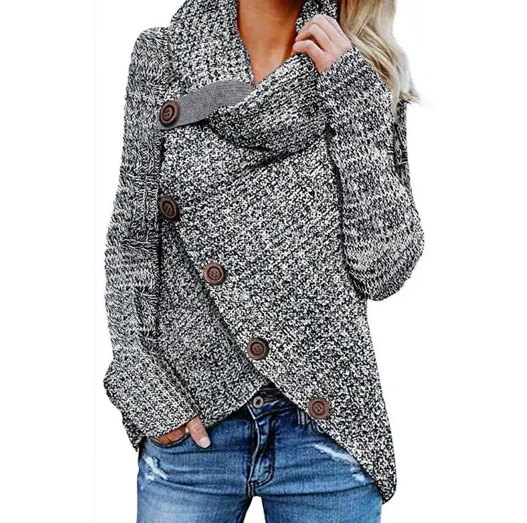 

Custom OEM Winter Ladies Heather Gray Buttoned Wrap Turtleneck Women Sweater Coat