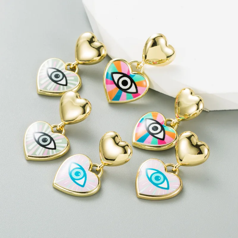 Hot Selling Delicate Lovely Jewelry Alloy Colourful Drop Oil Eye Design Heart Pendant Earrings For Women