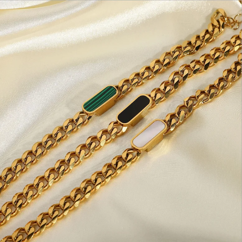 

18K Gold-plated 316 Stainless Steel Jewelry Set White Shell Green Malachite Black Shell Cuban Chain Necklace
