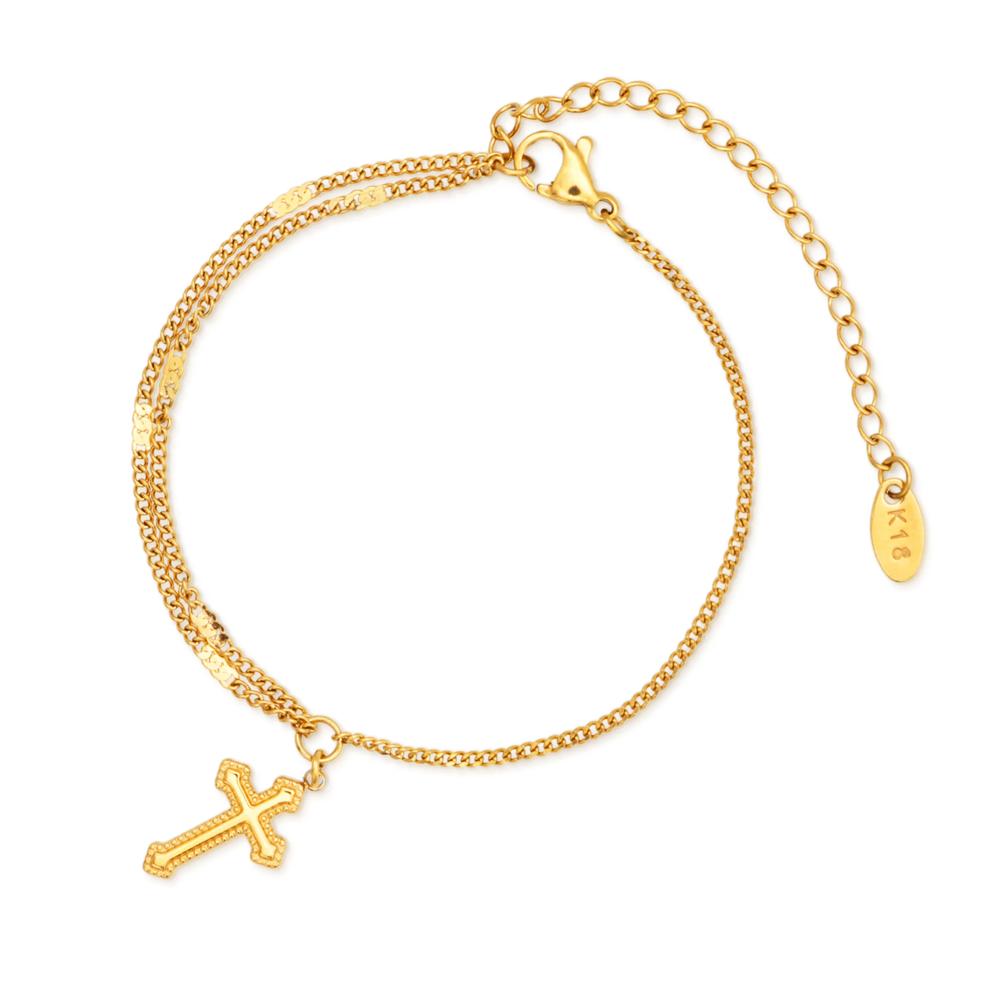 

Chris April in stock 316L stainless steel 18k PVD gold plated vintage cross charm double-layers chain bracelet